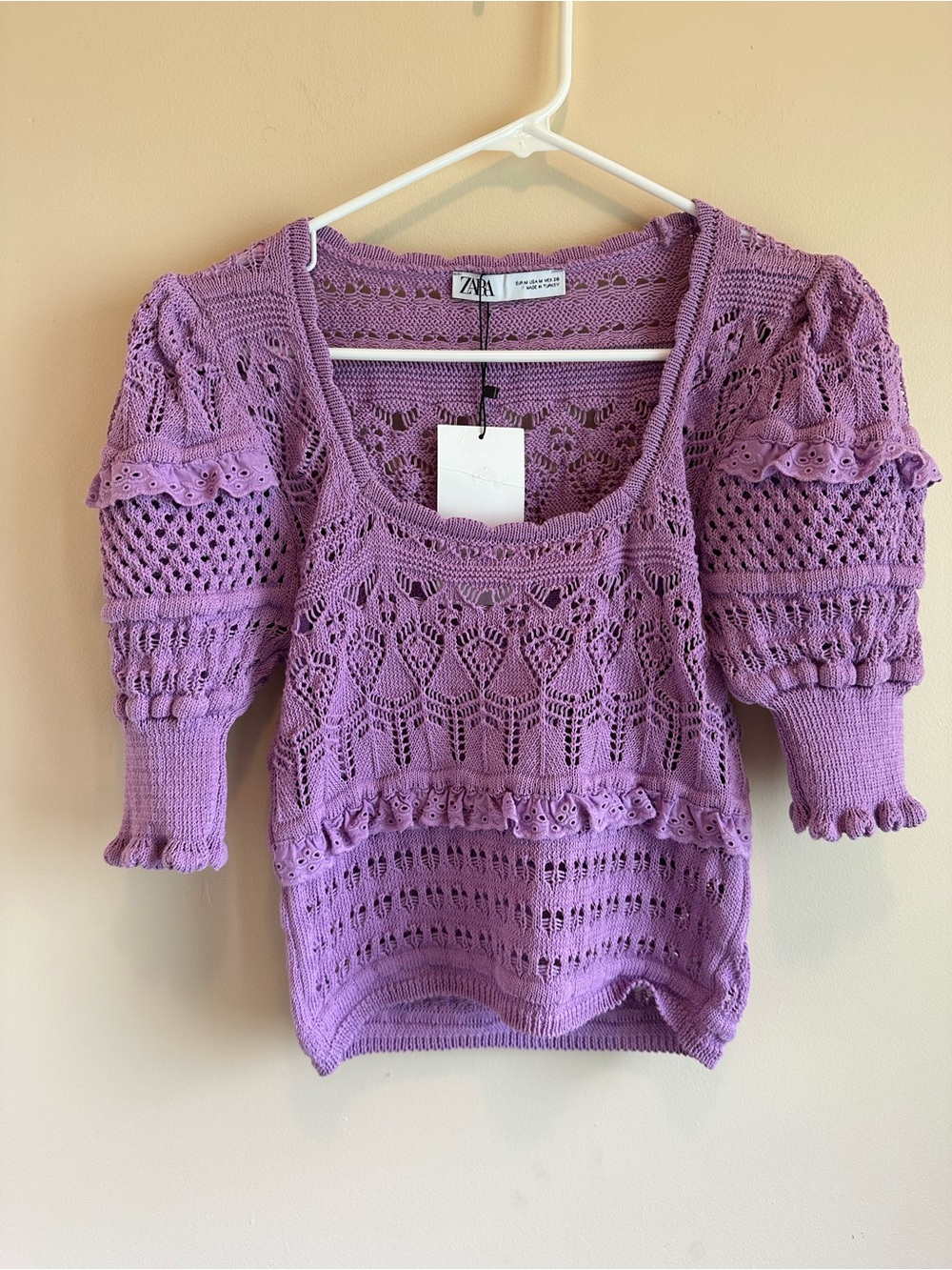 NWT Women’s M Zara Pointelle Knit Crochet Crop Sweater Purple Puff Sleeves